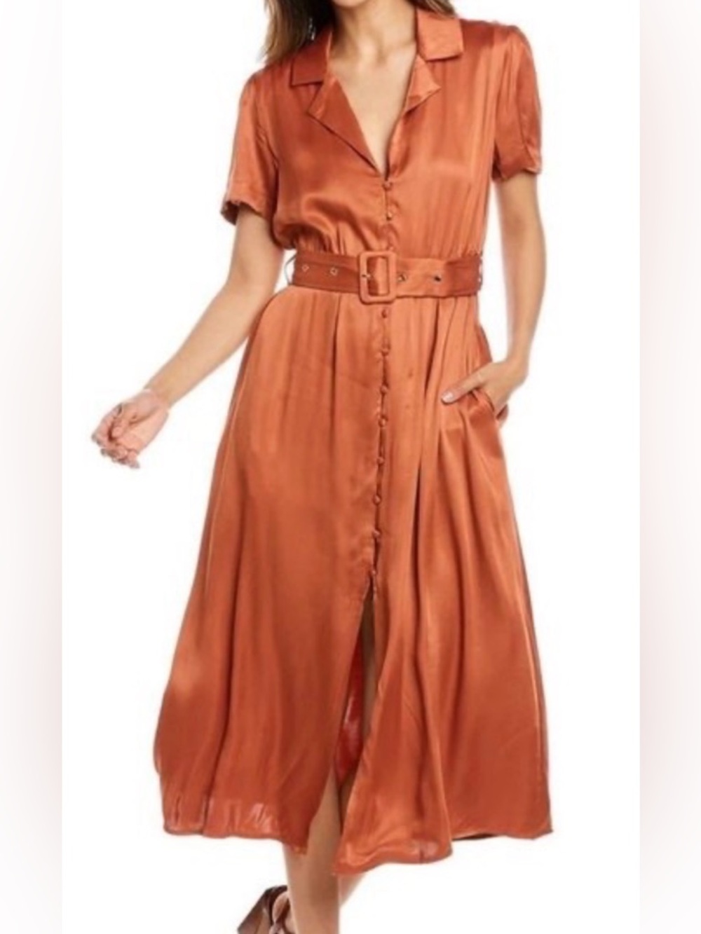 Whoworewhat Terracotta Button-Front Midi Dress
